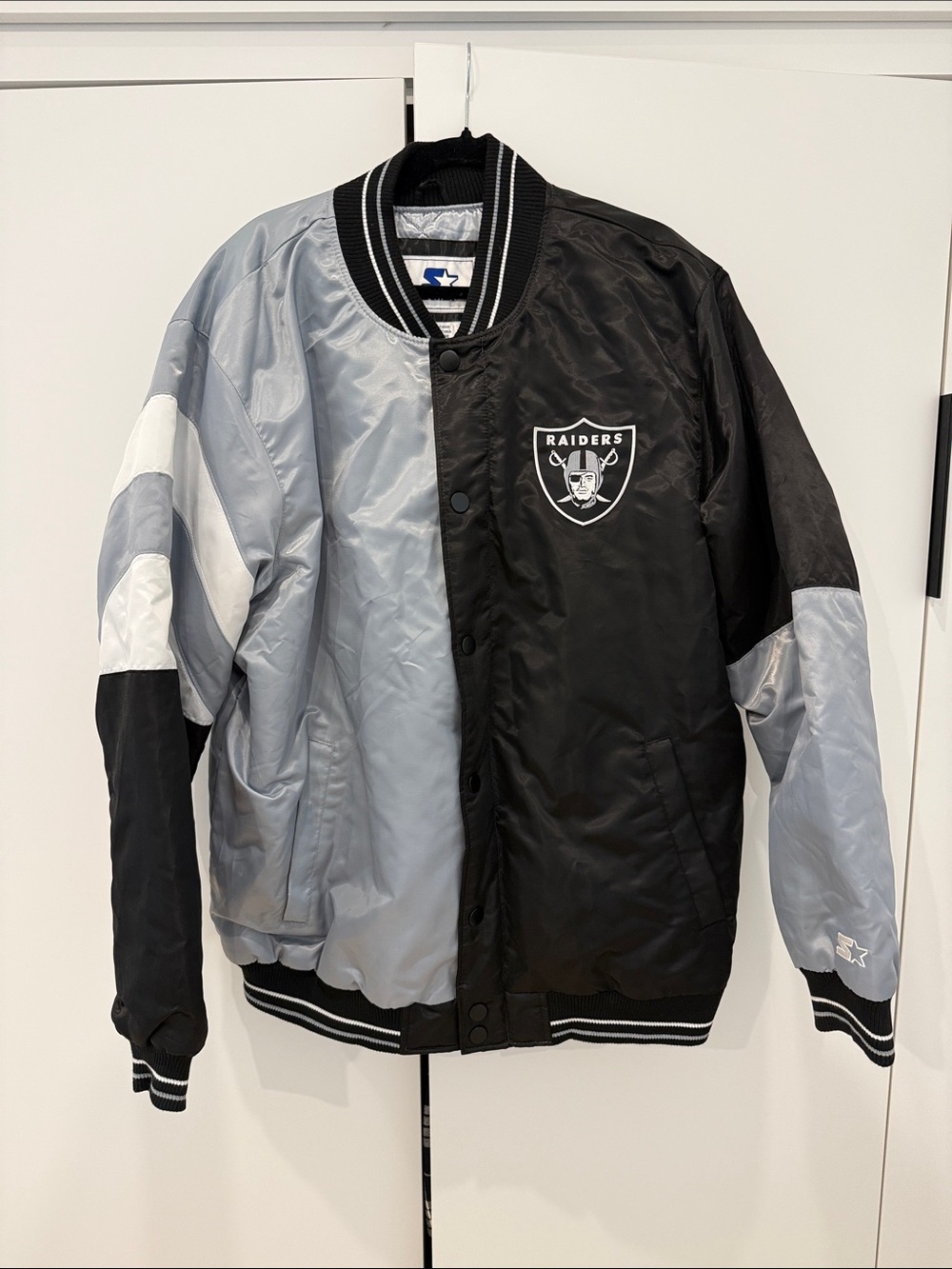 STARTER Raiders Two-Tone Black & Silver Bomber Jacket